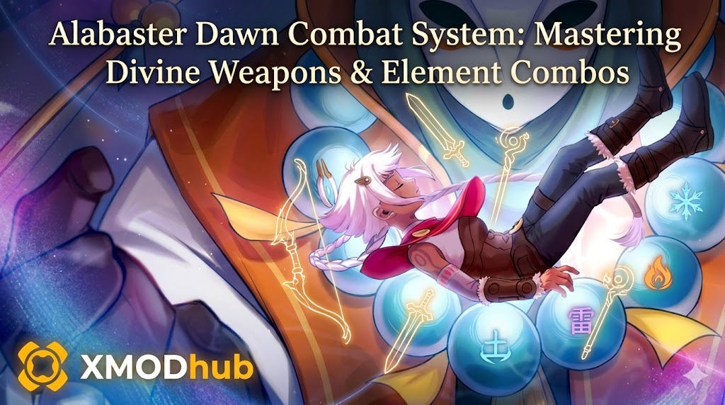 A fantasy anime game header featuring a white-haired character, a large mask, and elemental orbs, with a guide title and XMODhub logo.