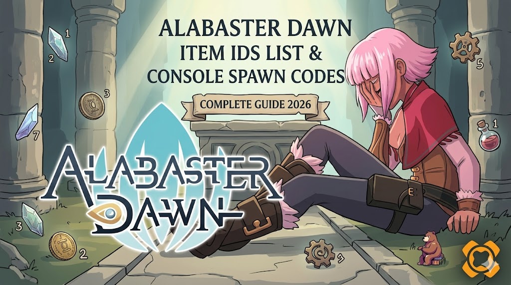 Alabaster Dawn character in a temple with floating items, guide text, and the XMODhub logo.