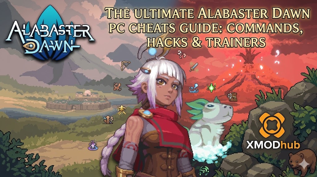 A blog cover for an Alabaster Dawn PC cheats guide, with a main character, a bear creature, a volcanic tree, and the XMODhub logo.