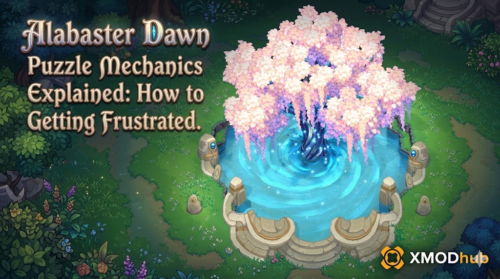 Alabaster Dawn blog header with puzzle text, central wisteria tree, and pond. The XMODhub yellow logo is in the lower right.