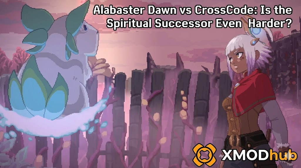 Pixel art comparison of Alabaster Dawn and CrossCode featuring Juno, the blog title "Is the Spiritual Successor Even Harder?", and the XMODhub logo in the corner.