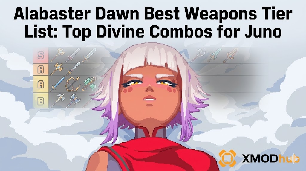 Pixel art thumbnail for Alabaster Dawn best weapons tier list, featuring Juno and a weapon chart. Title: "Top Divine Combos for Juno." With XMODhub logo.