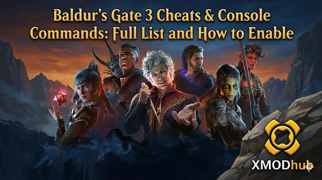 A cinematic fantasy-style blog header for 'Baldur's Gate 3 Cheats & Console Commands', featuring the main party characters and a list of instructions.