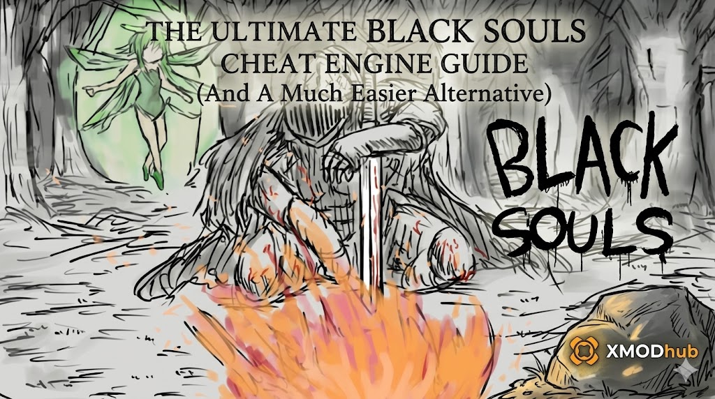 Black Souls blog header featuring a knight by a fire and a fairy in a sketch style with cheat engine guide text and XMODhub logo.