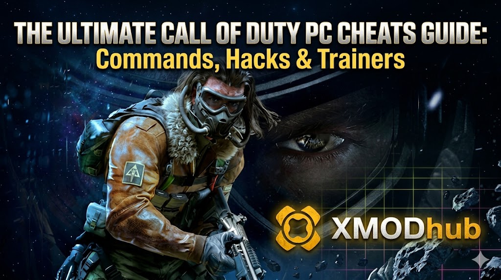 Call of Duty blog header for an ultimate PC cheats guide, featuring a tactical soldier, space background, and the yellow XMODhub logo.