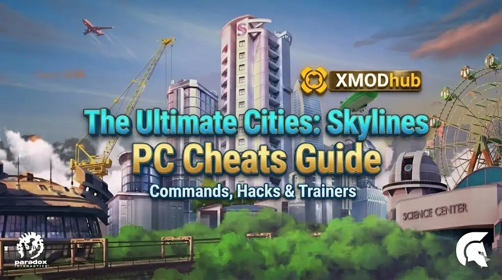 Blog header for "The Ultimate Cities: Skylines PC Cheats Guide" featuring stylized city landscape art, the article title, and the XMODhub logo.