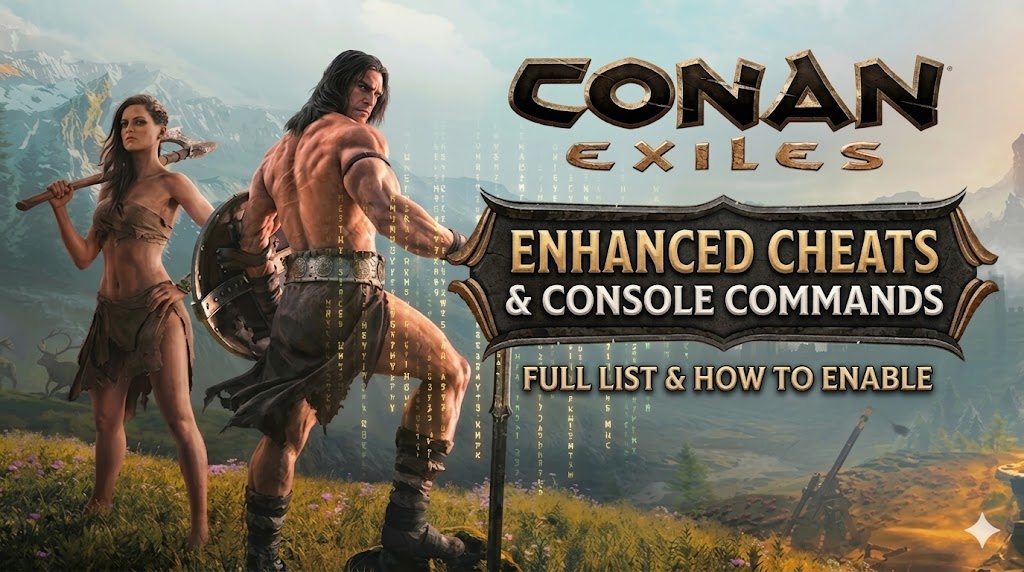 Promotional banner for Conan Exiles featuring characters and text for an enhanced cheats and console commands guide, including a full list and instructions on how to enable them.