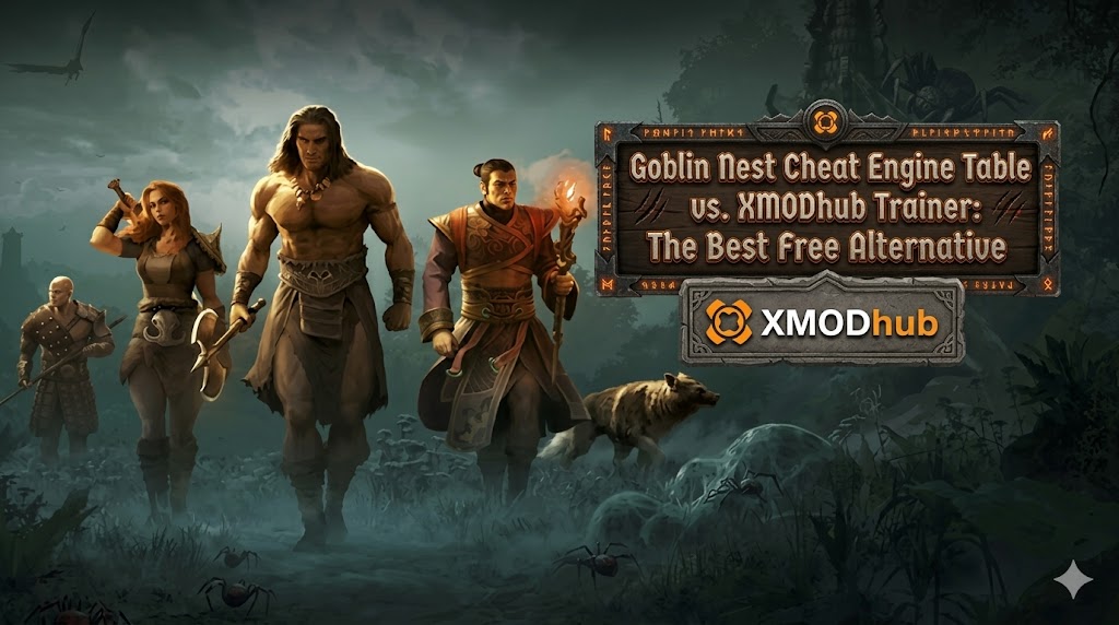 Blog header image for Conan Exiles Enhanced Complete Edition featuring various warriors, a mage with a torch, and a wolf in a dark swamp environment.