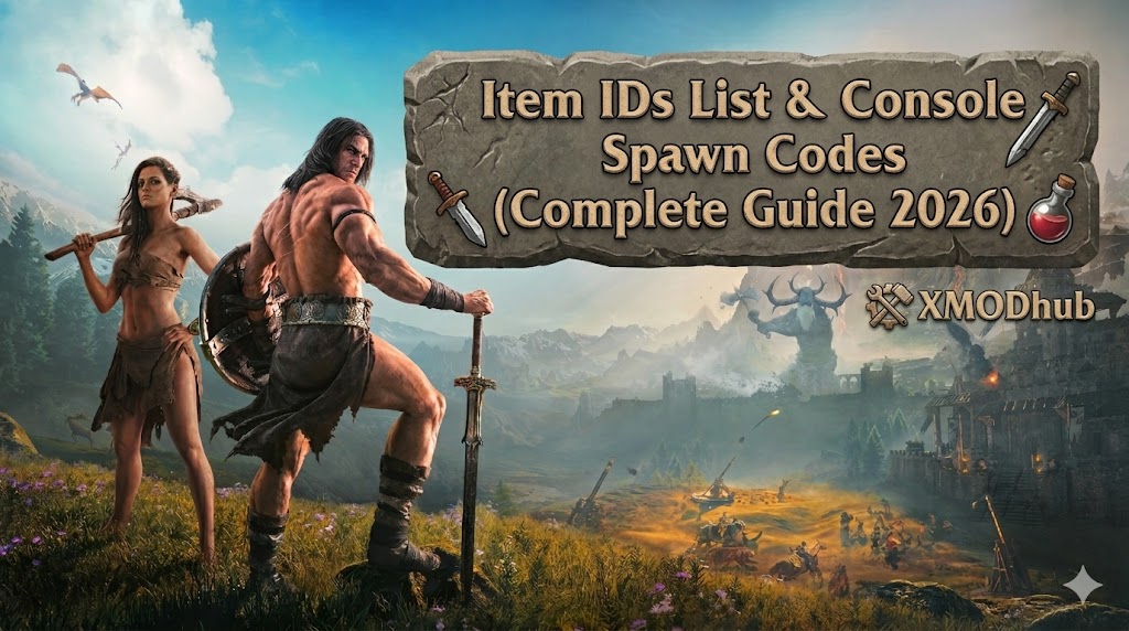 Blog header for Conan Exiles Enhanced featuring warriors and desert scenery with text for Item IDs and Console Spawn Codes guide and XMODhub logo.