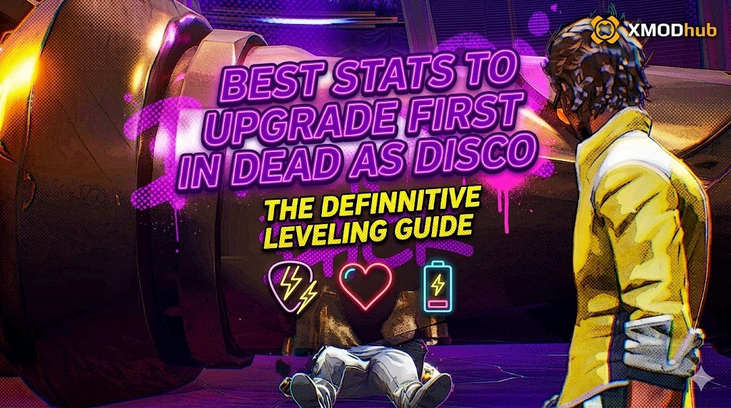 A vibrant Dead as Disco leveling guide banner featuring neon stat upgrade icons and stylized character art with the XMODhub logo.
