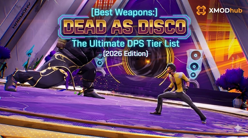 A vibrant neon combat scene from Dead as Disco featuring two fighters and a DPS weapon tier list title with the XMODhub logo.