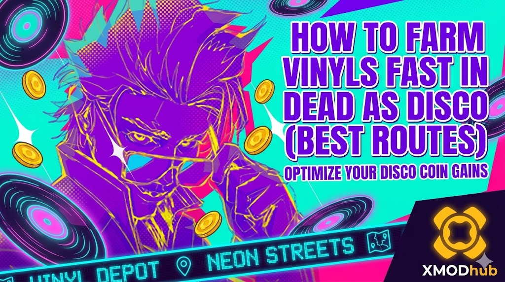 A blog header guide for fast vinyl farming in Dead as Disco, featuring a stylized character, routes, and the XMODhub logo.