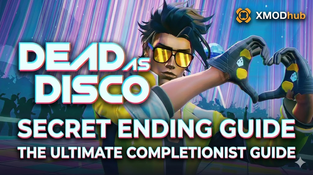 Dead as Disco blog header image for the 'Secret Ending Guide,' with a male character in a retro neon setting and key titles.