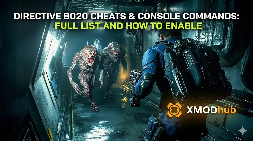 A character in a sci-fi suit faces two monsters in a dark corridor, featuring Directive 8020 cheats and console commands guide text.
