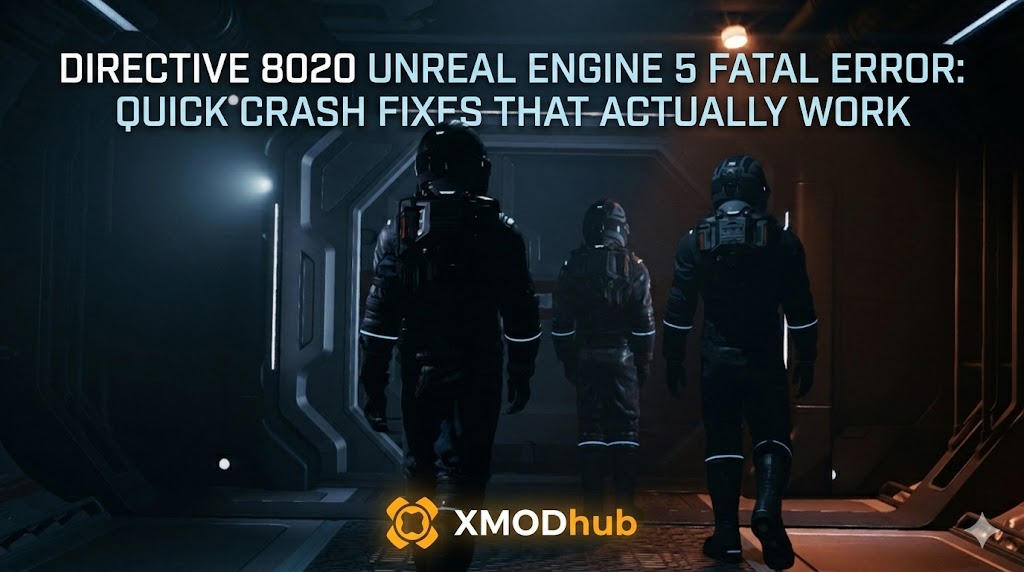 Blog header for Directive 8020 featuring astronauts in a dark corridor with text for Unreal Engine 5 fatal error crash fixes and XMODhub logo.
