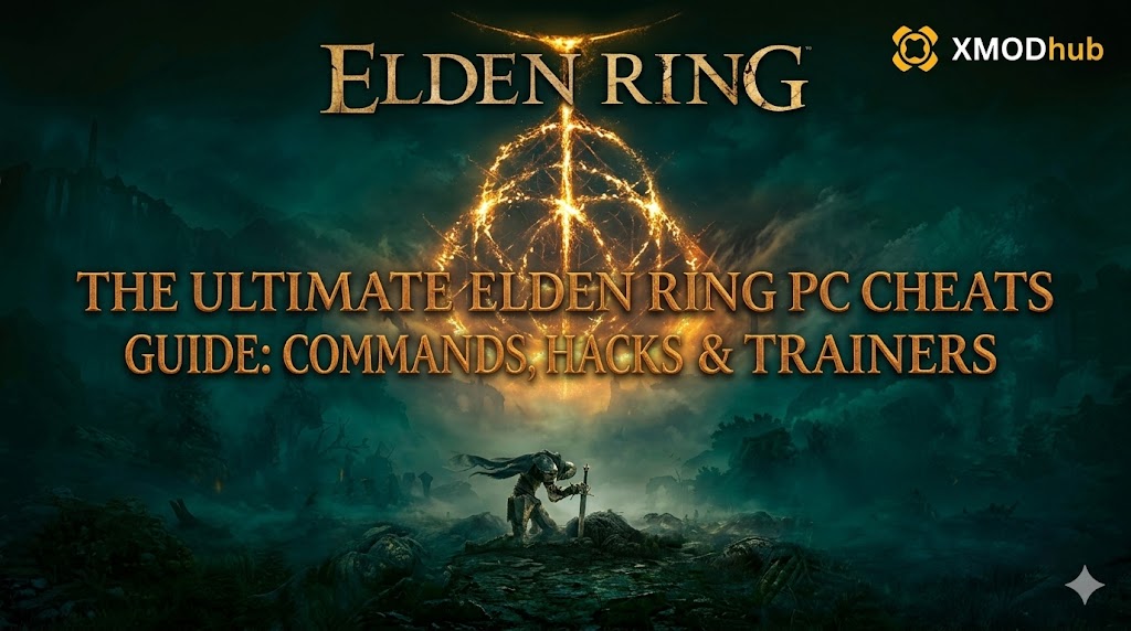 Professional SEO blog header featuring Elden Ring game art and the title for a PC cheats, hacks, and trainers guide by XMODhub.
