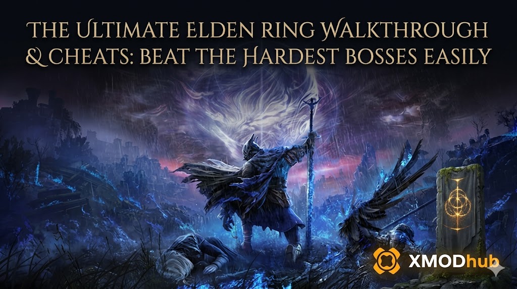 Elden Ring blog header featuring a warrior in a dark fantasy landscape with walkthrough and cheats title text and XMODhub logo.