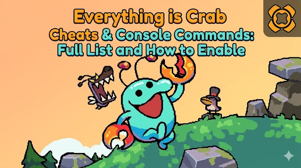 Pixel art illustration for 'Everything is Crab' game cheats. Main characters—blue creature, dog-head, and top-hat bird—on a hill with text: 'Everything is Crab Cheats & Console Commands: Full List and How to Enable'.