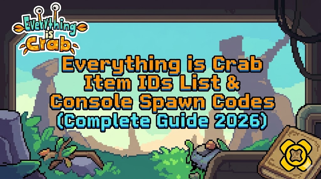 SEO blog header image for the complete 'Everything is Crab' guide on Item IDs List and Console Spawn Codes, featuring the game's official logo.