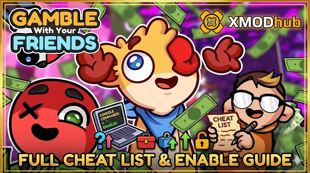 A detailed blog header for Gamble With Your Friends, featuring characters, money, and cheat-related icons for the complete cheat list guide. 