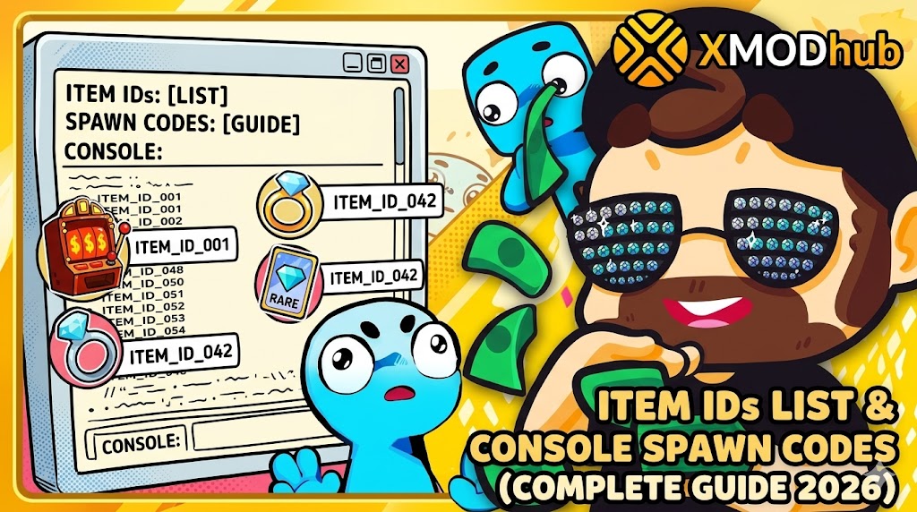 A vibrant blog banner for Gamble With Your Friends featuring an item ID interface, quirky characters, and the XMODhub logo for a 2026 spawn codes guide.