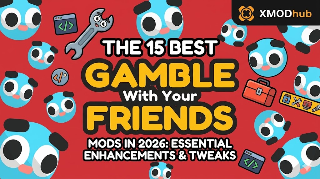 A vibrant infographic-style banner for 'Gamble With Your Friends' mods in 2026, with game characters, modding icons, and XMODhub logo.