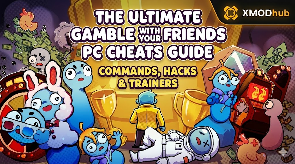 A cartoon infographic style blog banner for 'The Ultimate Gamble With Your Friends PC Cheats Guide', featuring quirky game characters with the XMODhub logo.