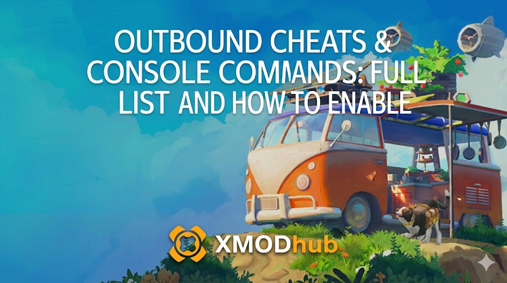 A blog header for Outbound, featuring a customized van, text for 'CHEATS & CONSOLE COMMANDS: FULL LIST AND HOW TO ENABLE', and the XMODhub logo.