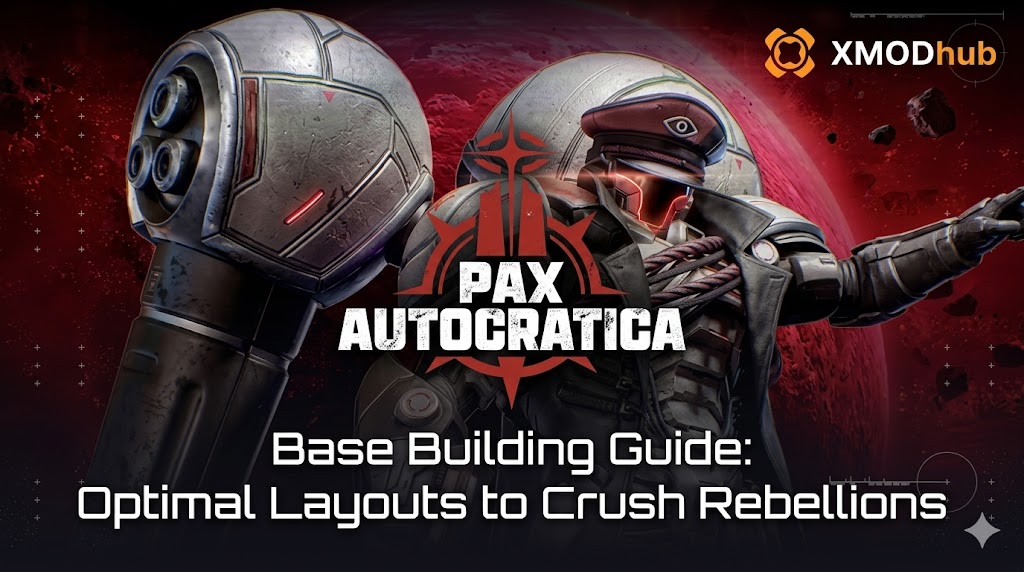 A detailed featured image for Pax Autocratica, showcasing a mech and an officer with a title for a base building guide and the XMODhub logo.
