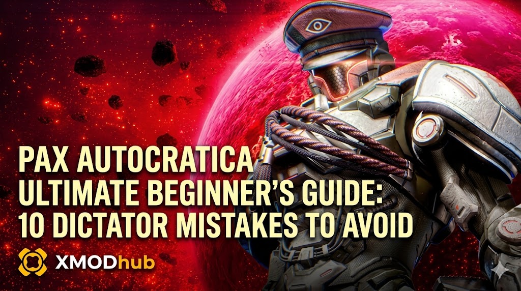 A sci-fi blog header for a beginner's guide on avoiding dictator mistakes in Pax Autocratica, with an armored character, a red planet, and the XMODhub logo.