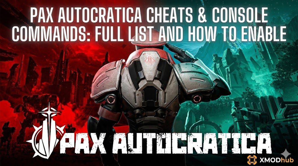 SEO blog post header for Pax Autocratica cheats and console commands guide, with a futuristic soldier, mech, industrial base, and XMODhub logo.