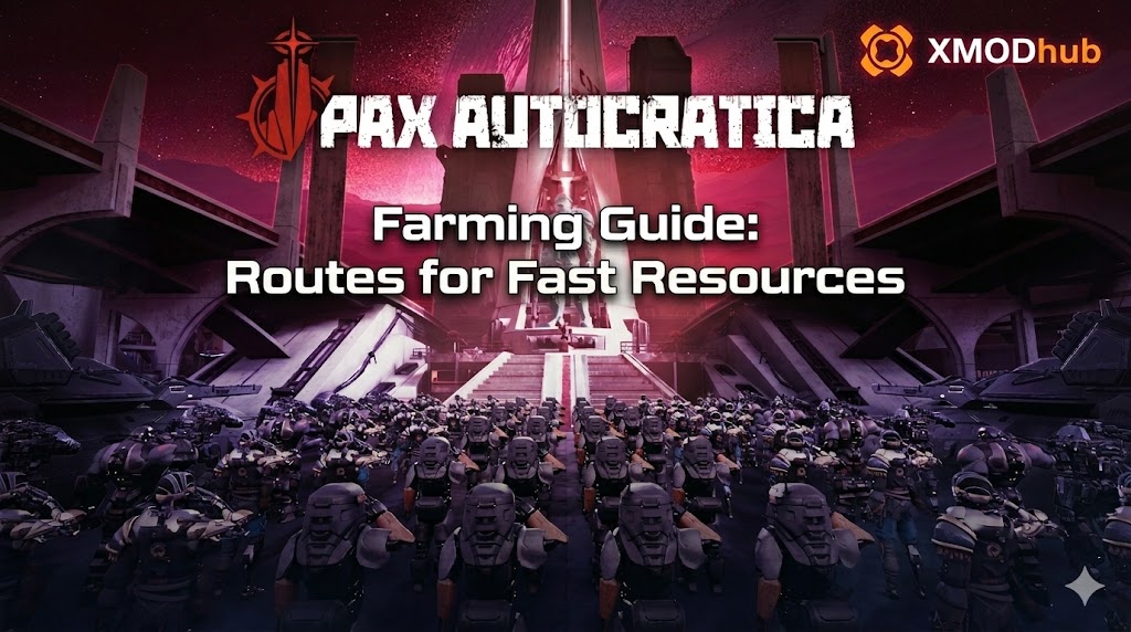 A featured image for Pax Autocratica featuring a futuristic army and architecture, with large text for a 'Farming Guide' for fast resources and the XMODhub logo.