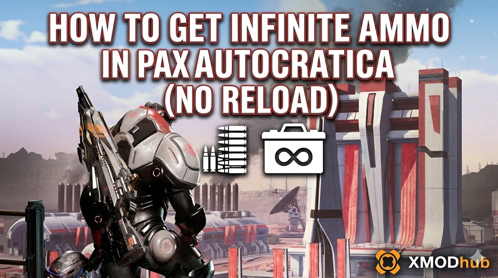 A detailed game review header for Pax Autocratica, featuring armored mechs, massive industrial factory complex under multiple moons, with the XMODhub logo integrated.