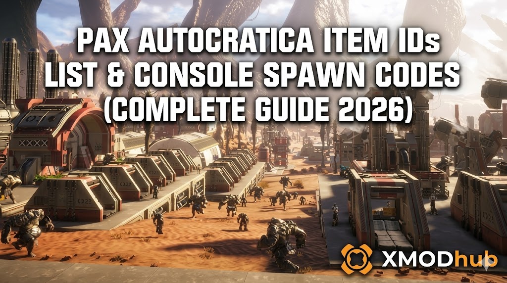 An SEO blog header for 'Pax Autocratica Item IDs List & Console Spawn Codes (Complete Guide 2026)', featuring mechs and futuristic buildings in a desert setting with the XMODhub logo.