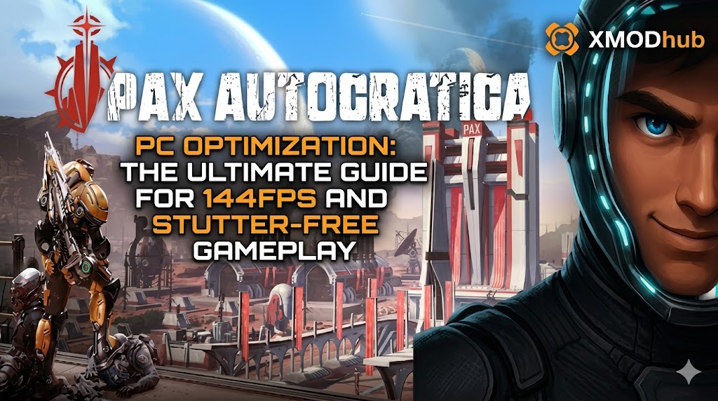 Blog post header for Pax Autocratica, showcasing the game's sci-fi landscape, mecha combat, a character, and large titles about PC optimization for 144FPS and stutter-free gameplay, with the XMODhub logo.