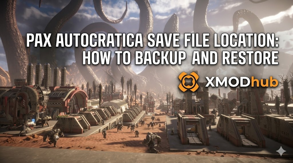 SEO blog header for 'Pax Autocratica Save File Location: How to Backup and Restore' featuring a detailed desert base and giant tentacles with the XMODhub logo.