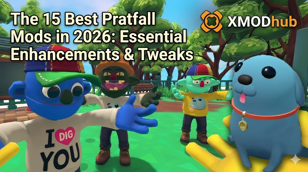 Blog header for the 15 best Pratfall mods in 2026 featuring vibrant game characters, a blue dog, and the XMODhub logo in a park setting.