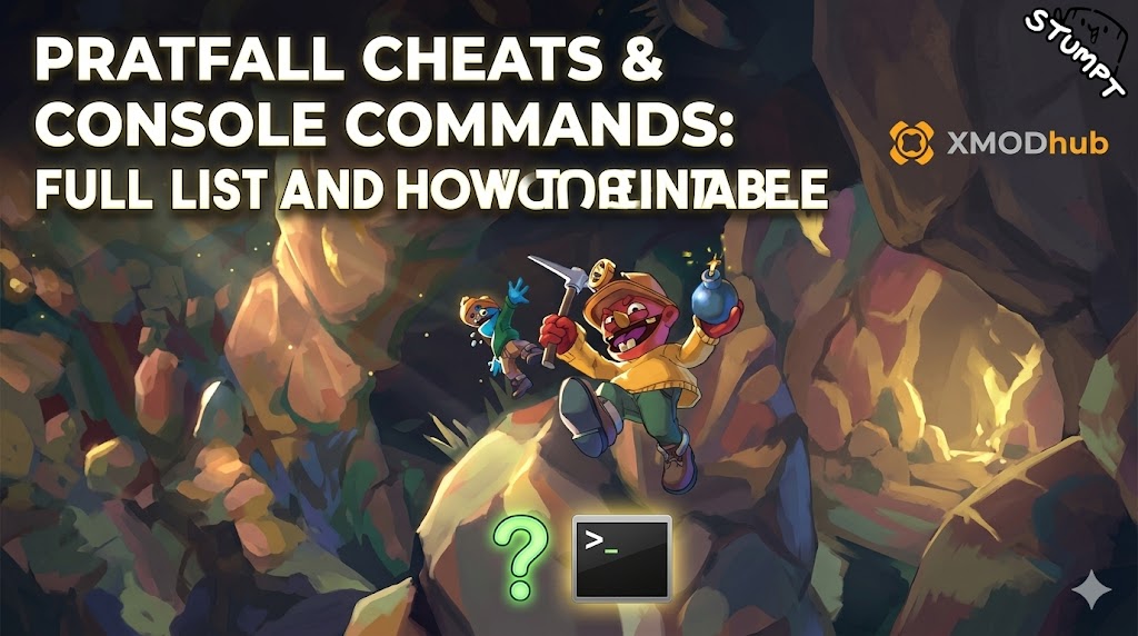 Blog header for Pratfall cheats and console commands guide, featuring illustrated characters, a large question mark, a terminal icon, and the XMODhub logo in a cave.