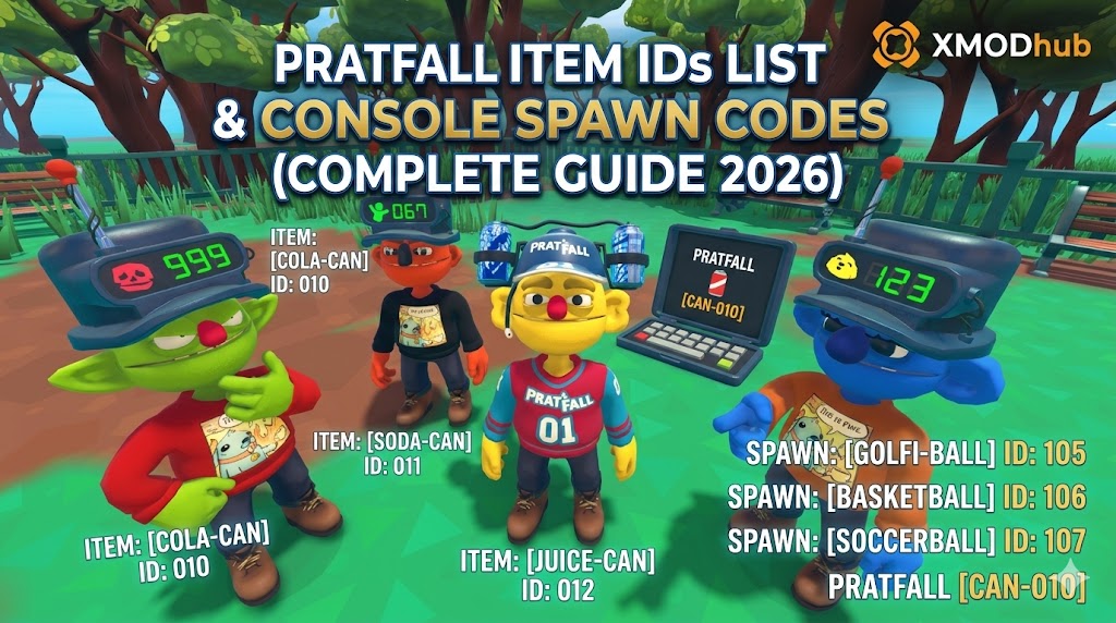 SEO blog header for Pratfall item IDs and spawn codes guide featuring colorful characters, item code overlays, a laptop interface, and the XMODhub logo in a park setting.