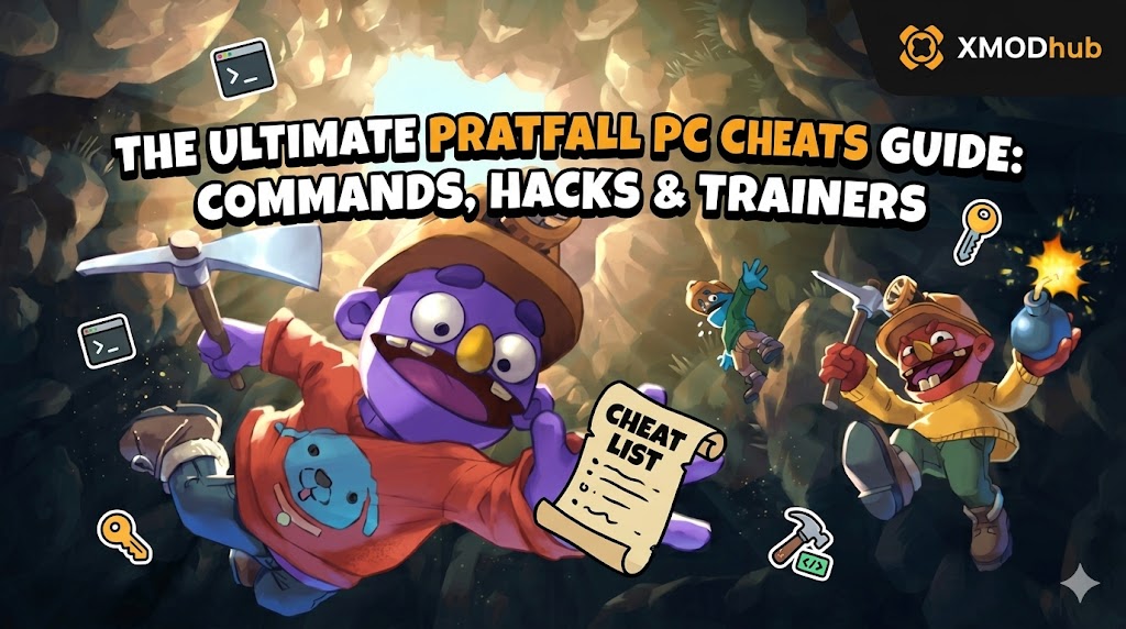 A vibrant Pratfall blog header featuring game characters in a mine alongside a cheat list scroll, command icons, and the XMODhub logo.