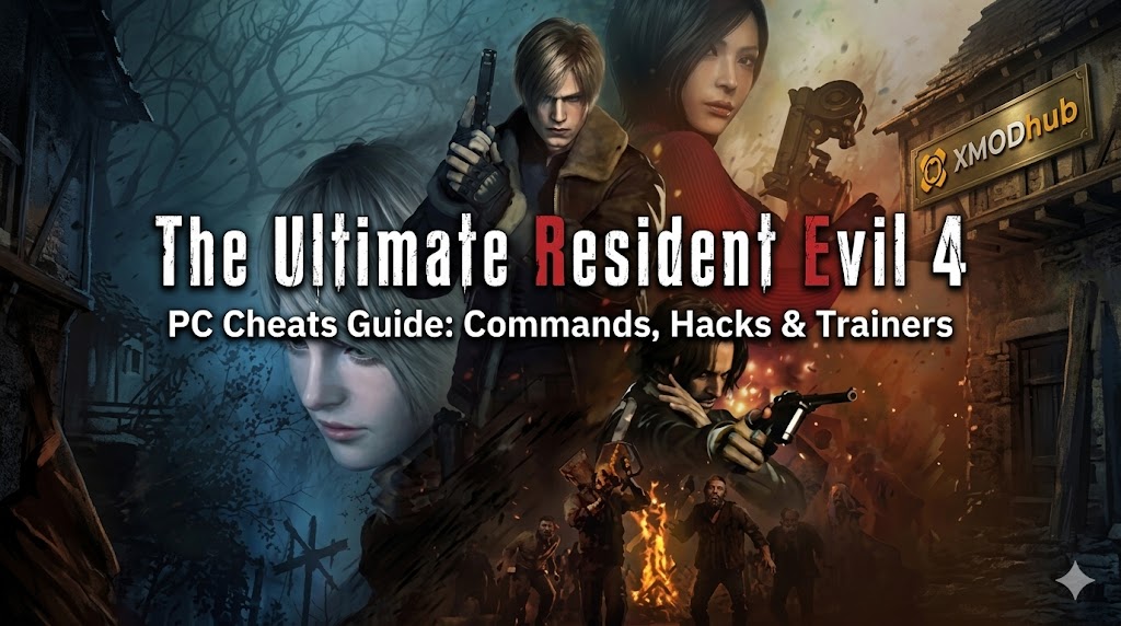 Blog post header art with main characters from Resident Evil 4 over a dark village with zombified crowds, for a PC cheats guide.