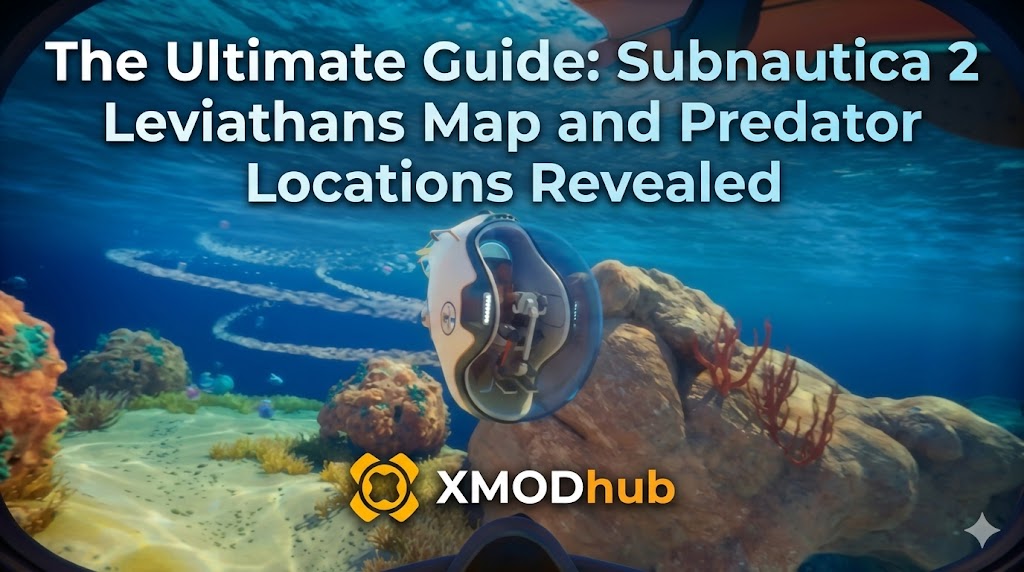 Blog header for Subnautica 2 featuring an underwater submarine and reef, with text for leviathans map and predator locations alongside the XMODhub logo.