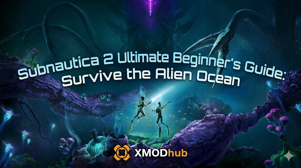 Cinematic blog header for Subnautica 2 showing divers in a bioluminescent alien ocean with a giant creature shadow, featuring beginner's guide text and the XMODhub logo.