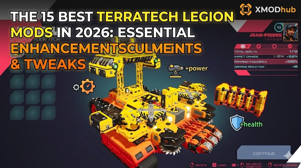 SEO blog header for the 15 best TerraTech Legion mods in 2026, featuring a complex yellow and red multi-component vehicle, mod icons, and the XMODhub logo.
