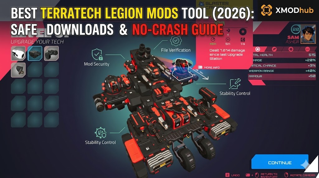 SEO blog header for TerraTech Legion best mods tool in 2026, featuring a black and red vehicle with tech security icons and the XMODhub logo.