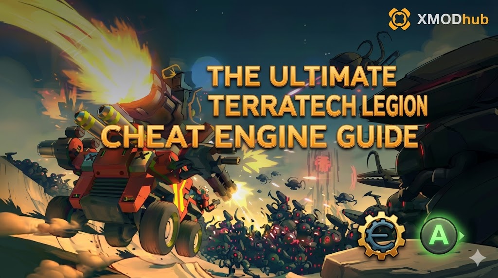 Blog header for TerraTech Legion cheat guide featuring a red mech and tentacle mech battle, a CE gear icon, and XMODhub logo.