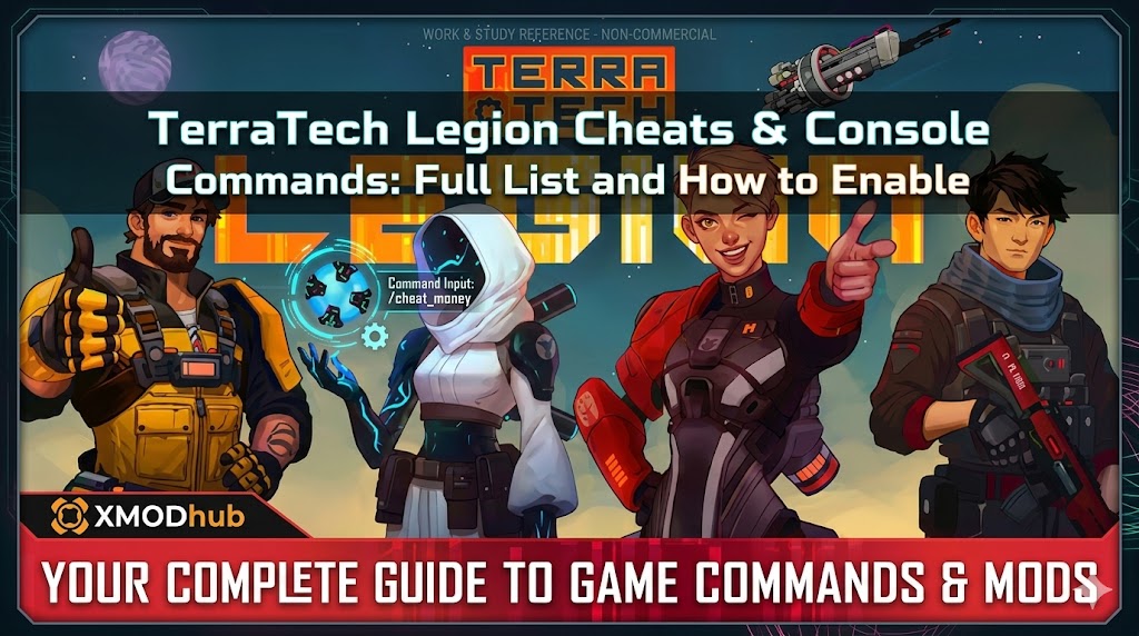 A professional header for a TerraTech Legion cheats guide featuring four game characters, the title text, and the XMODhub logo in a sci-fi art style.