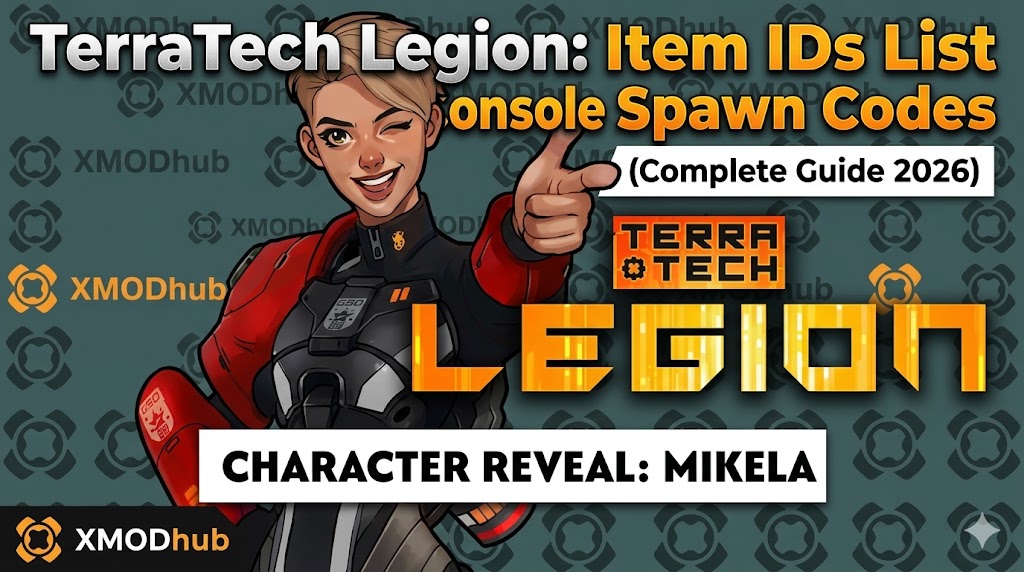 Character Mikela pointing forward on a TerraTech Legion blog header featuring XMODhub logos and guide text for item IDs and console spawn codes.