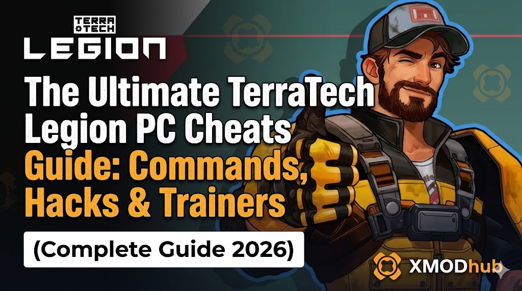 Illustrated winking male character pointing forward on a TerraTech Legion blog header banner for "The Ultimate TerraTech Legion PC Cheats Guide," featuring game and XMODhub logos.
