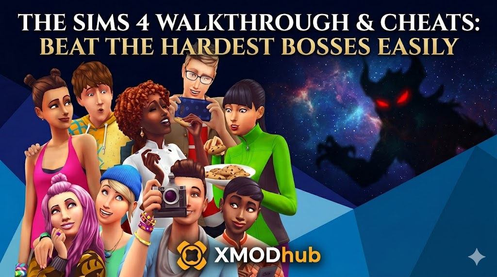 The Sims 4 blog header showing a diverse group of characters reacting to a large shadowy monster in space with walkthrough and cheats title text and XMODhub logo.